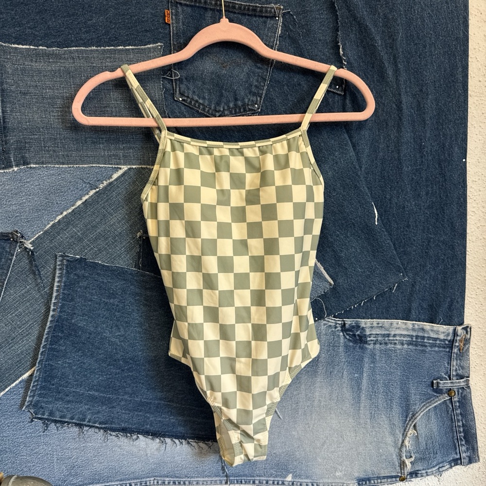 Rylee + Cru Sage and Cream Checkered Swimwear
